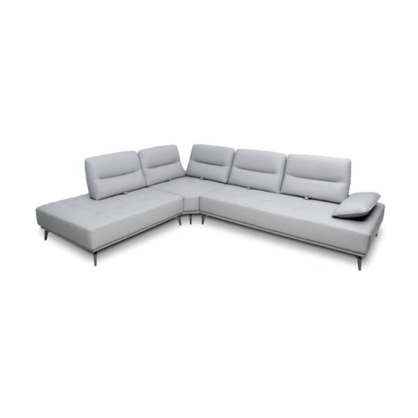 Modern grey sectional sofa with adjustable headrests and sleek design.