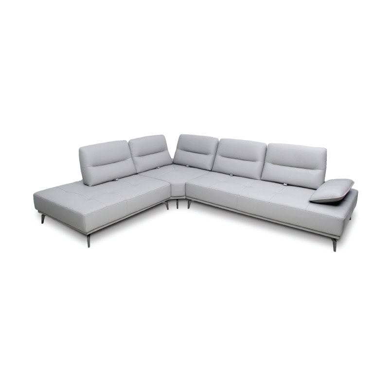 Modern grey sectional sofa with adjustable headrests and sleek design.