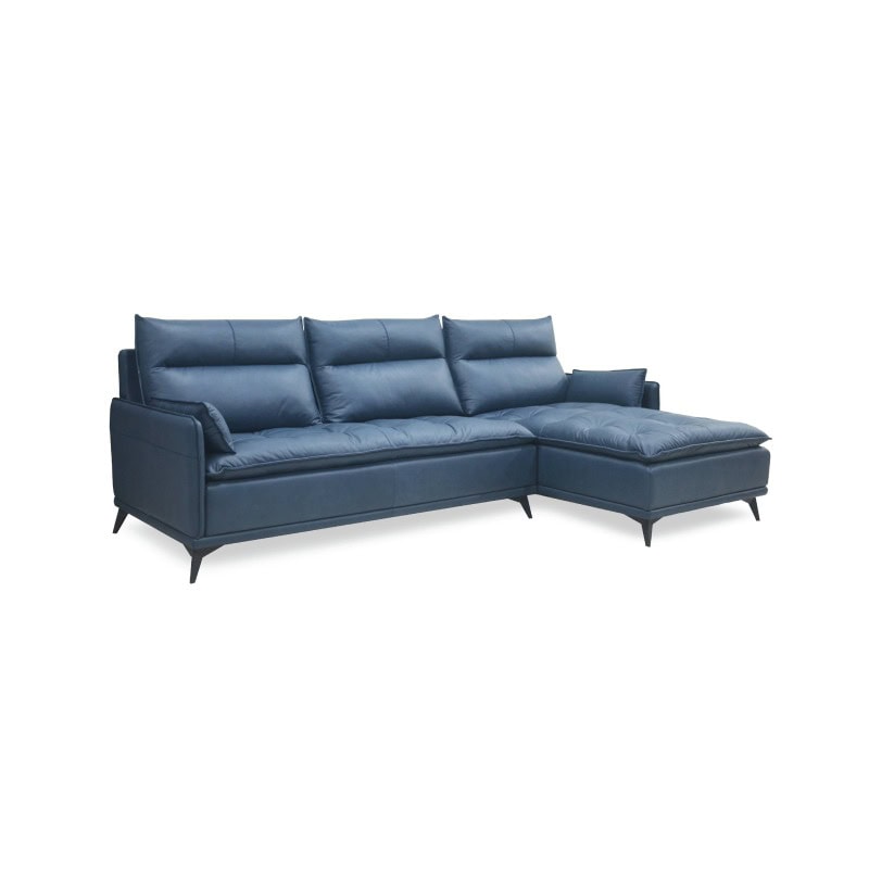 Modern blue leather sectional sofa with chaise lounge for stylish living rooms.