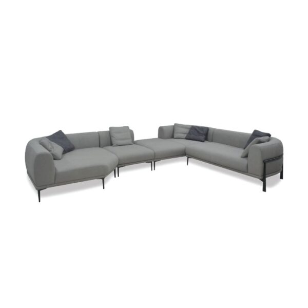 A comfortable modern grey sectional sofa with cushions, ideal for contemporary living rooms.