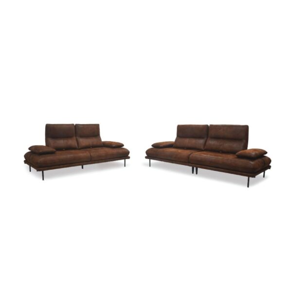 A comfortable brown leather sofa set with modern design, ideal for living rooms.
