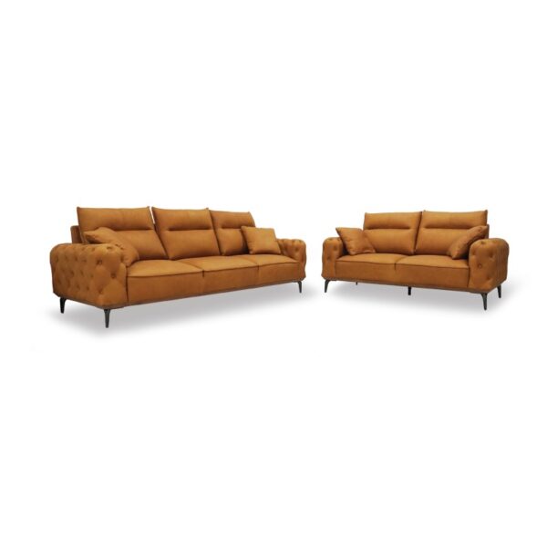 Modern orange velvet sofas set for stylish living room decor.