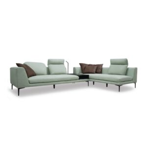 Modern light green sectional sofa with brown cushions, stylish and comfortable.