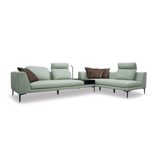 Modern light green sectional sofa with brown cushions, stylish and comfortable.