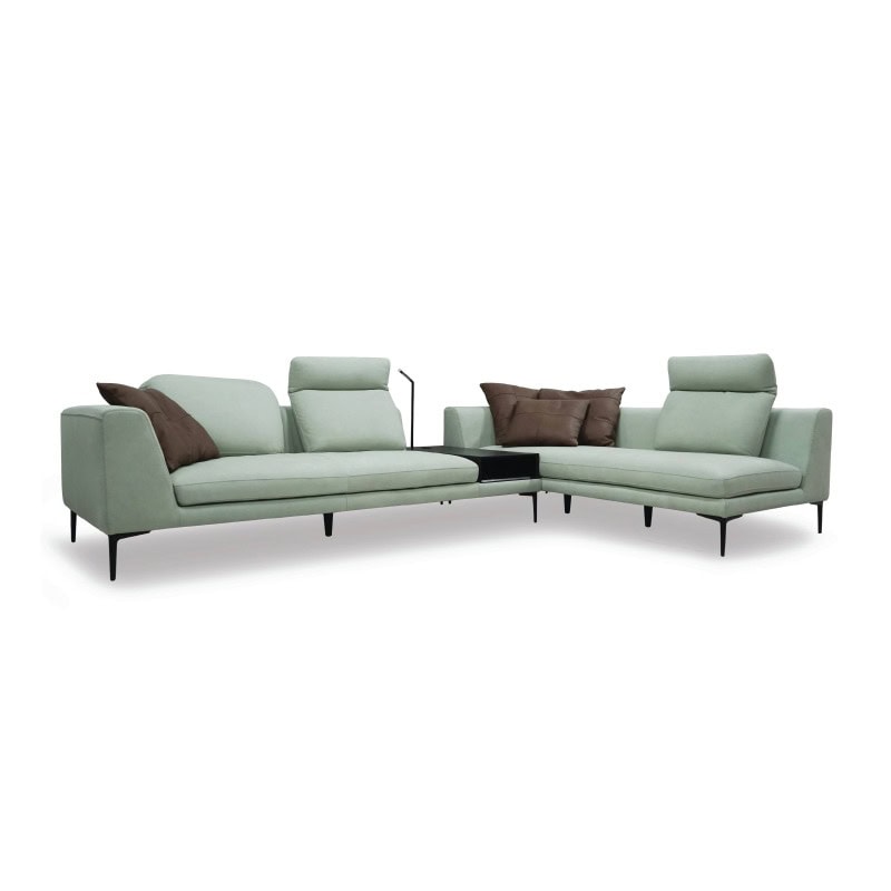 Modern light green sectional sofa with brown cushions, stylish and comfortable.