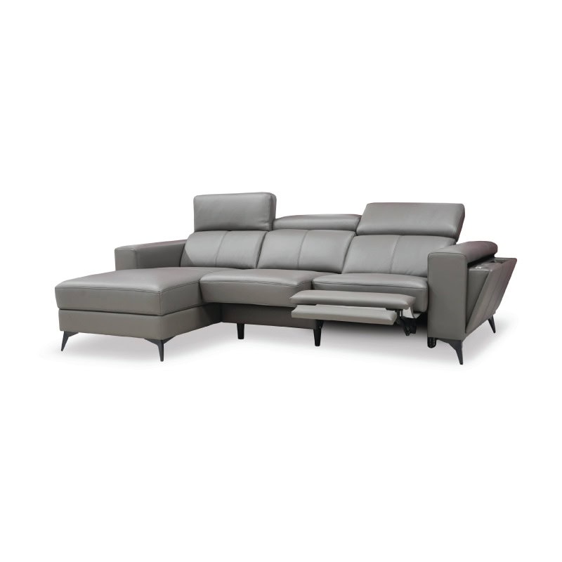 Modern grey sectional sofa with adjustable headrests and chaise lounge, stylish and comfortable.
