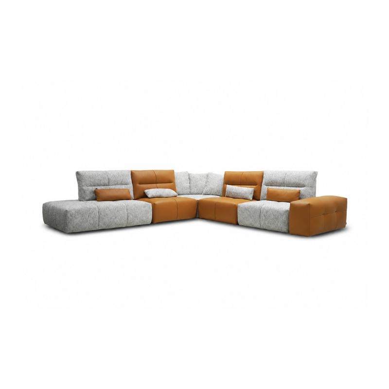 Modern sectional sofa with grey and brown leather upholstery and cushions.