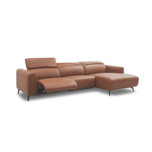 Modern brown leather sectional sofa with adjustable headrests and chaise lounge.
