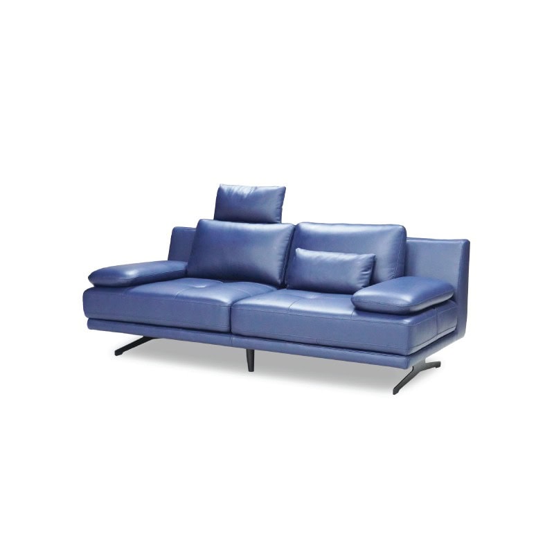 A comfortable modern blue leather sofa with adjustable headrest and cushions.