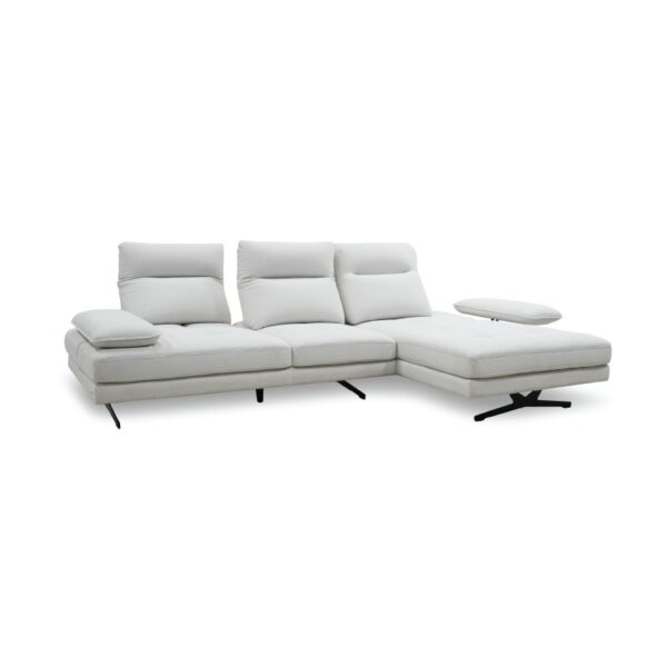A modern white sectional sofa with adjustable headrests and a chaise lounge for stylish living room.