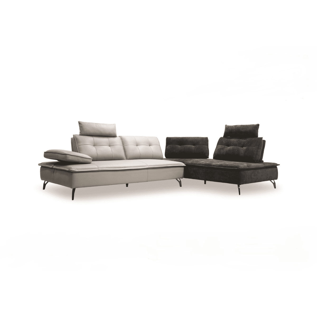 Modern two-tone sectional sofa with adjustable headrests, ideal for contemporary living rooms.
