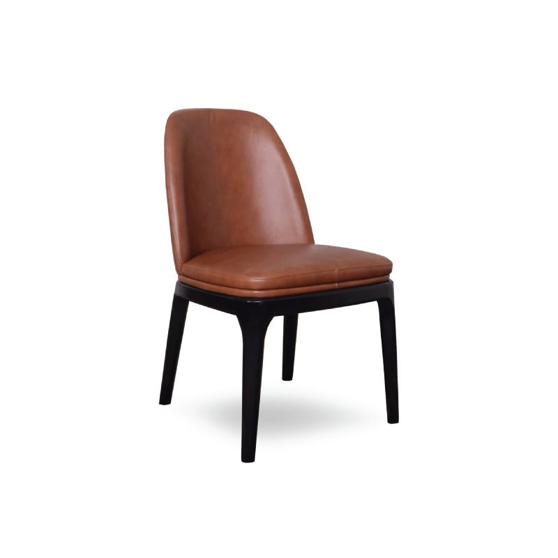 A comfortable leather dining chair with a brown upholstered seat and backrest, black wooden legs.