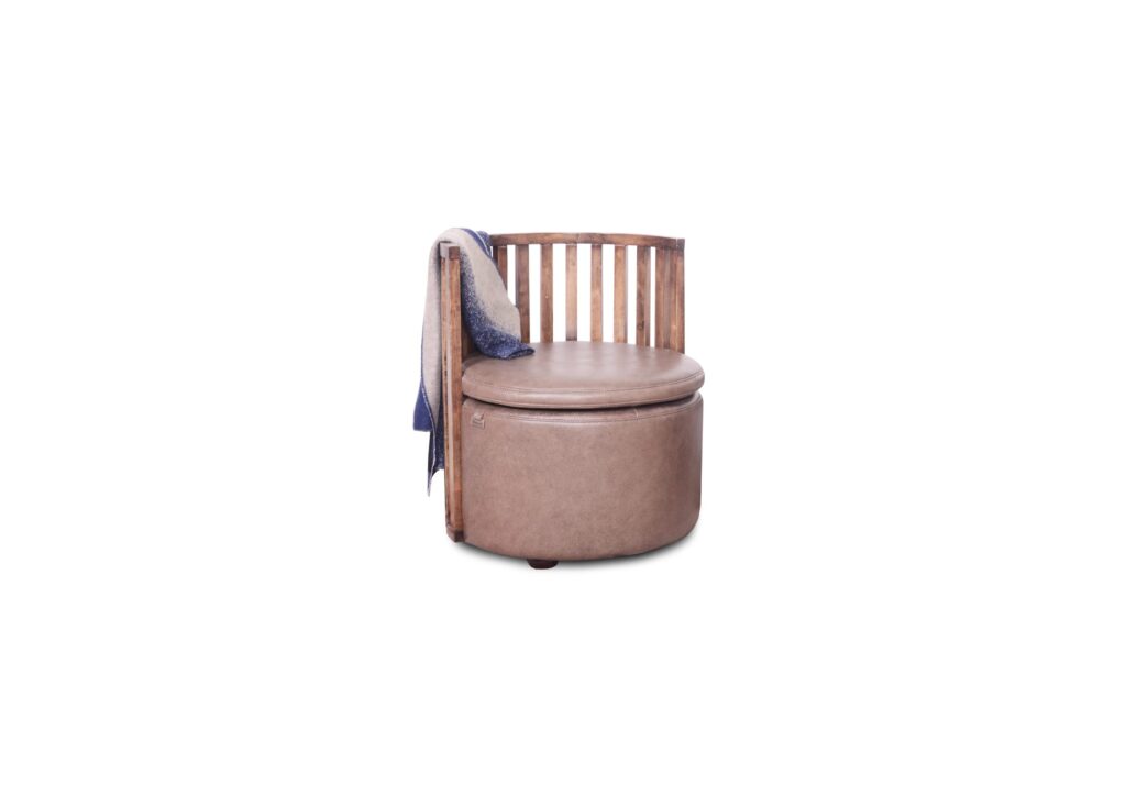 Stylish round wooden and upholstered corner chair with cushion for modern decor.