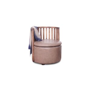 Stylish round wooden and upholstered corner chair with cushion for modern decor.