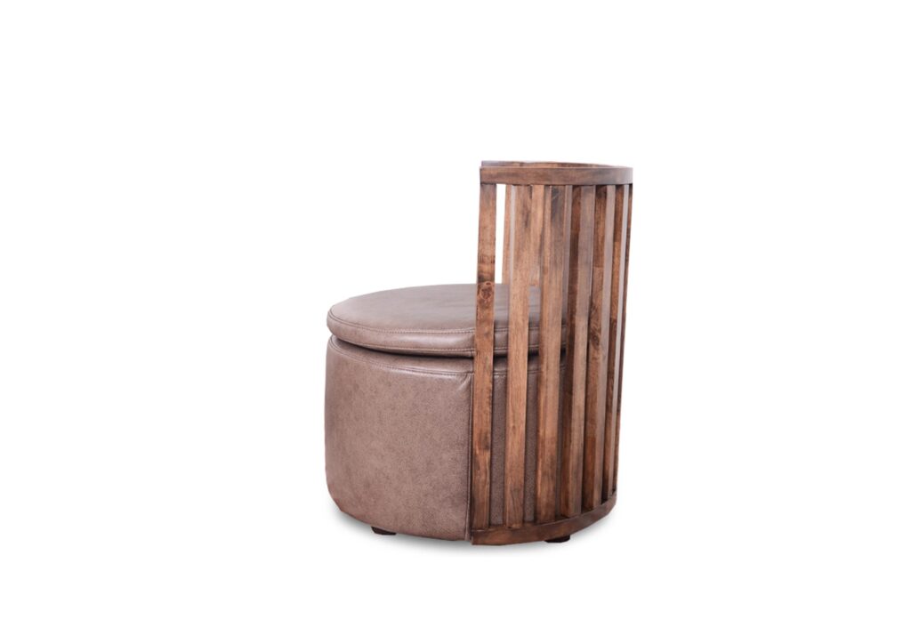 A modern round ottoman with a wooden backrest and soft beige upholstery.
