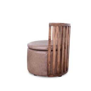 A modern round ottoman with a wooden backrest and soft beige upholstery.