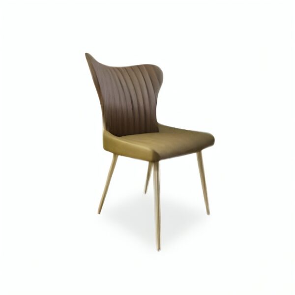 A stylish leather dining chair with a high backrest and wooden legs, perfect for modern interiors.