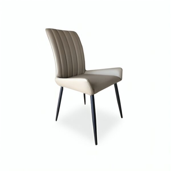 Elegant leather dining chair with vertical stitching and black wooden legs, Zolano design.
