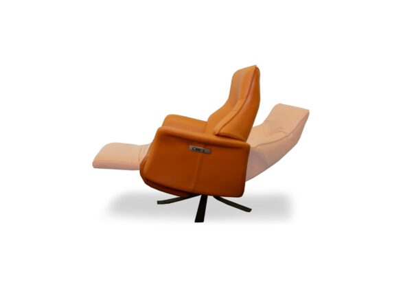 Relaxing orange massage chair with adjustable headrest and footrest for comfort and relaxation.