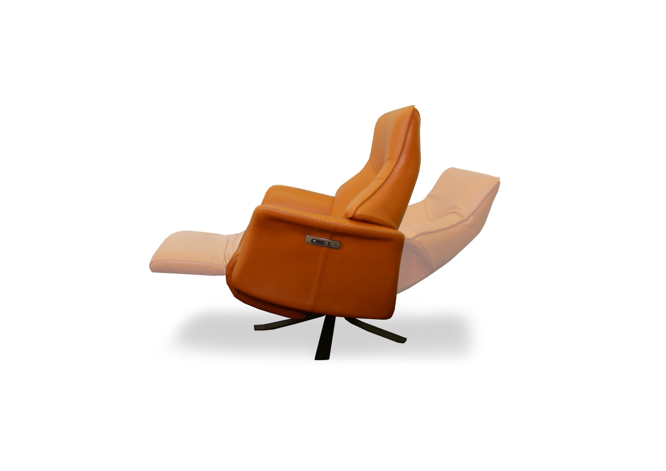 Relaxing orange massage chair with adjustable headrest and footrest for comfort and relaxation.