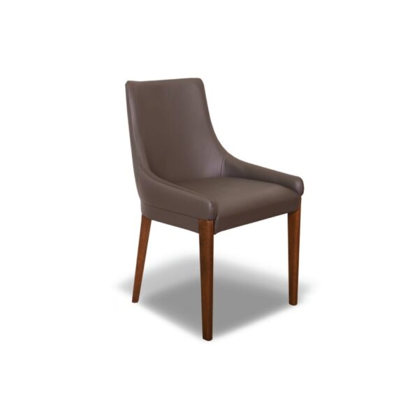 A leather dining chair with wooden legs, modern design, suitable for contemporary interiors.