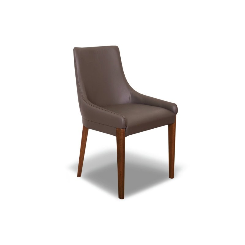 A leather dining chair with wooden legs, modern design, suitable for contemporary interiors.