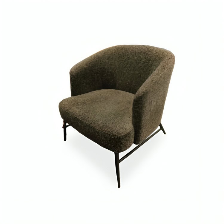 Comfortable modern armchair with dark fabric upholstery and sleek black metal legs.