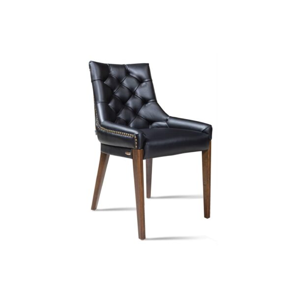 Elegant black leather dining chair with wooden legs, modern design, and tufted upholstery.