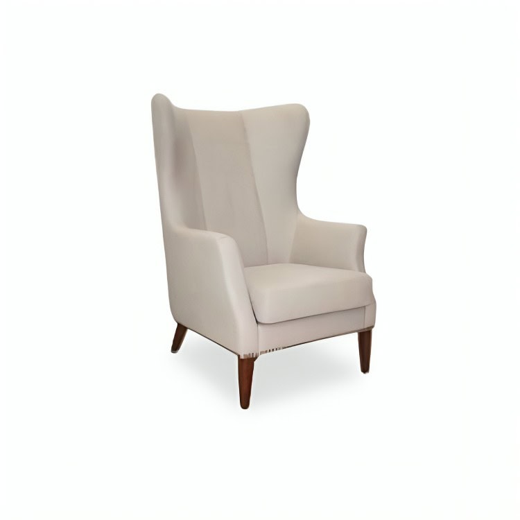 Elegant white armchair with wooden legs, modern furniture for stylish interiors.