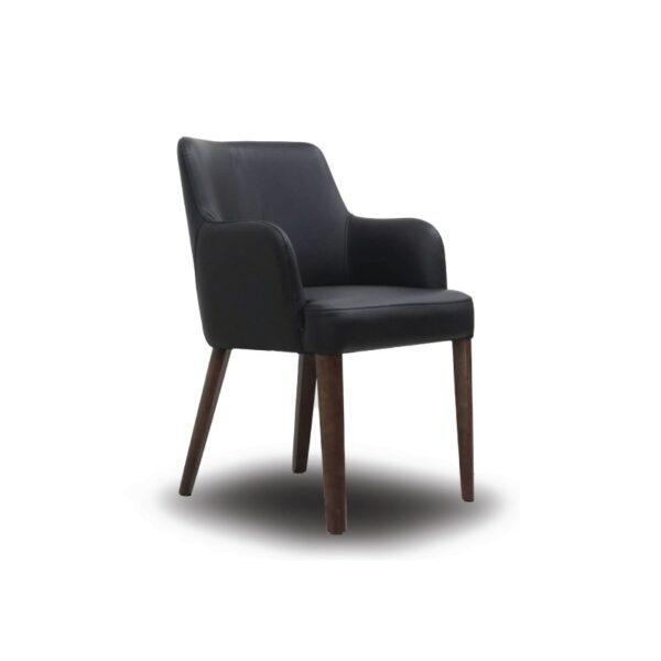 A stylish black leather dining chair with wooden legs, ideal for modern dining rooms.